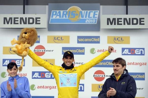 Alberto Contador back in yellow on a cold day in Mende at the 2010 Paris-Nice.