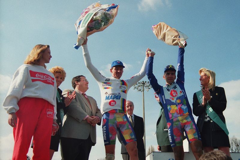 Mapei teammates Johan Museeuw and Franco Ballerini on the 1995 Paris-Roubaix podium