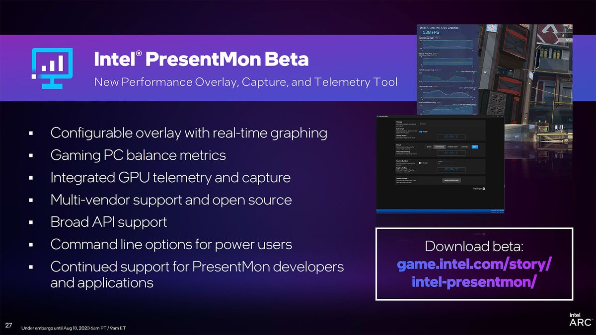 Intel Arc Driver Update slides for DirectX 11 and new PresentMon