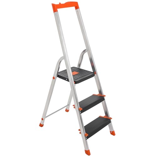 Songmics Step Ladder, 3-Step Folding Ladder With 12 Cm Wide Steps, With Tool Tray and Anti-Slip Feet, Max. Static Load 150 Kg, Black and Orange Glt03bk