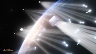 A rendering of Star Catcher's orbital energy grid, which will use optical power beaming to deliver up to 10 times more power on demand to client satellites&rsquo; existing solar panels with no retrofit required.