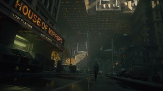 A screenshot from the game Control Resonant showing Dylan Faden, The Hiss, the warped streets of Manhattan, and active combat