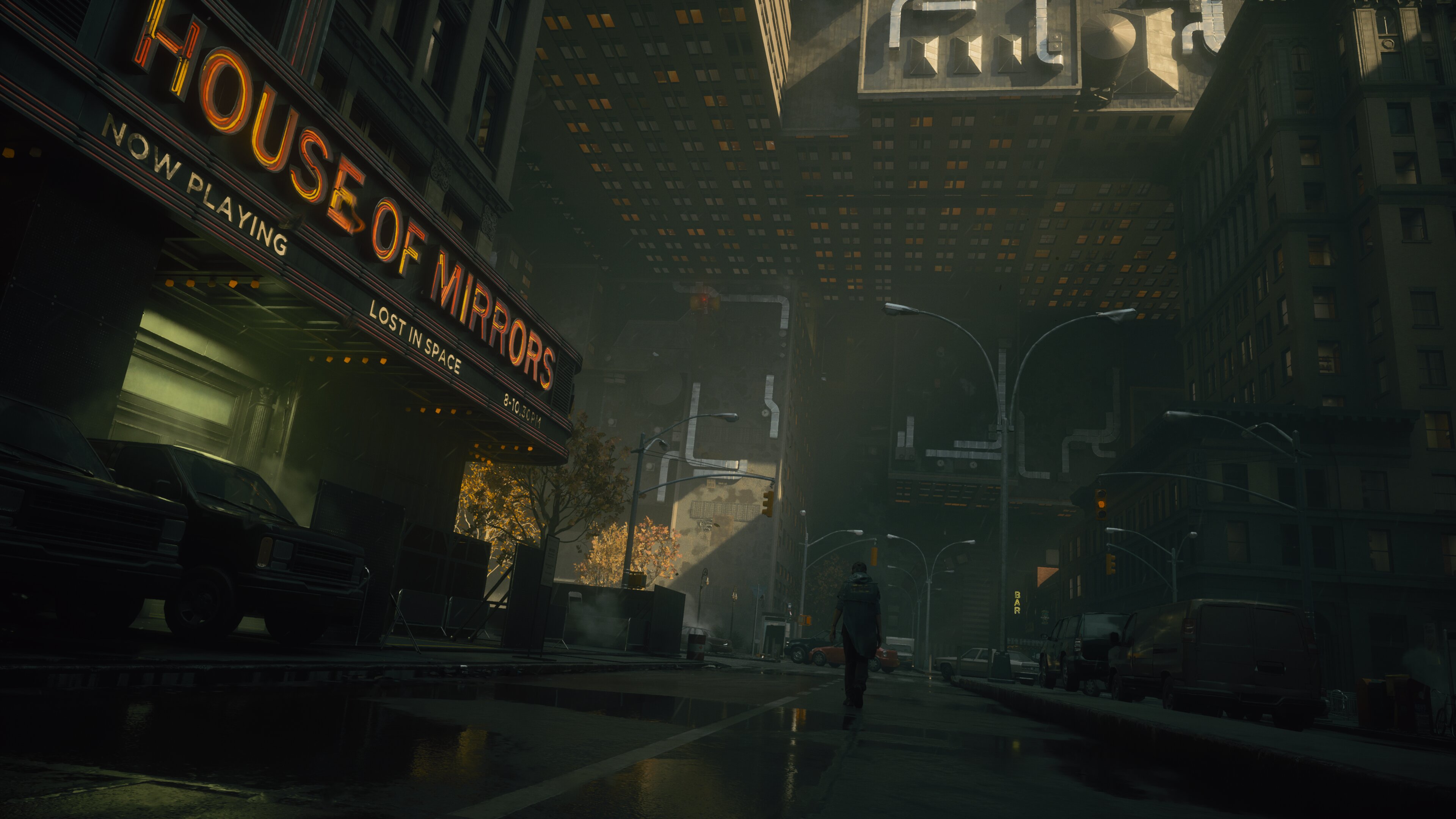 A screenshot from the game Control Resonant showing Dylan Faden, The Hiss, the warped streets of Manhattan, and active combat
