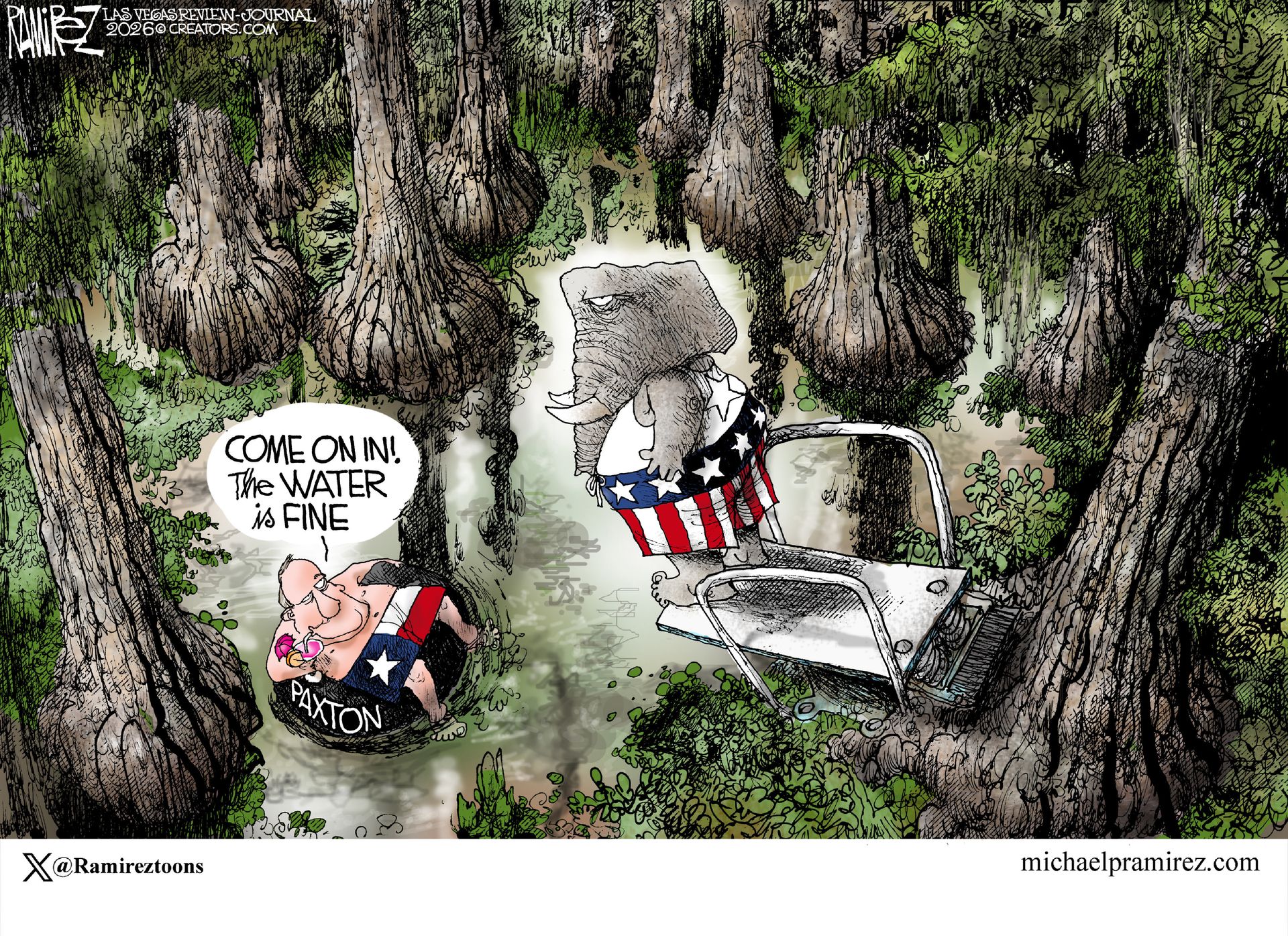 
                                Ken Paxton floats in an inner tube in a swamp. An elephant is on a diving board and rolls its eyes as Paxton says, “Come on in! The water is fine.”
                            