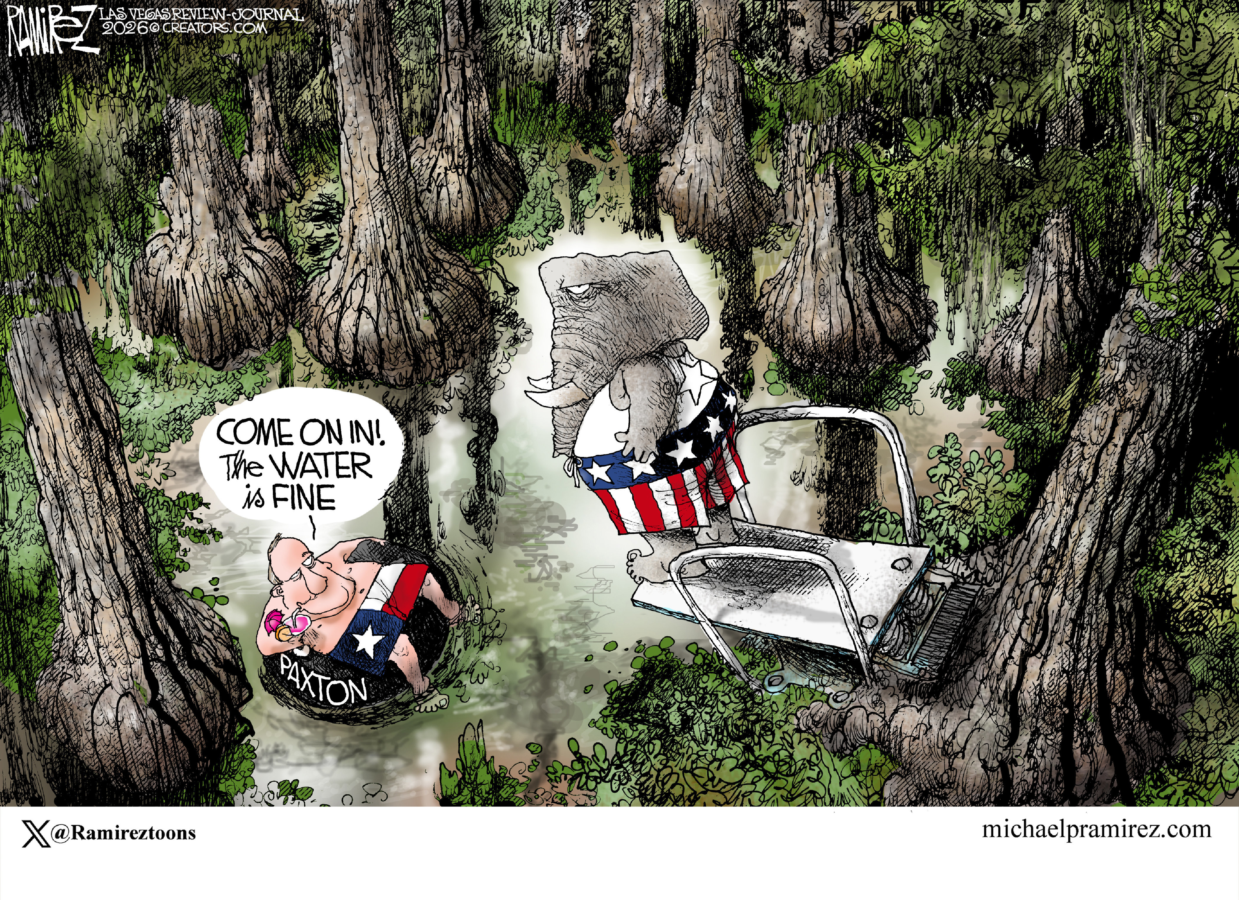 Ken Paxton floats in an inner tube in a swamp. An elephant is on a diving board and rolls its eyes as Paxton says, &amp;ldquo;Come on in! The water is fine.&amp;rdquo;