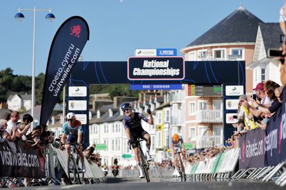 Picture by Alex Whitehead/SWpix.com - 28/06/2026 - Cycling - British Cycling National Championships - 2026 LLOYDS NATIONAL ROAD RACE CHAMPIONSHIP - MEN/OPEN - Aberystwyth, Ceredigion, Wales - Fred Wright, Pinarello - Q36.5 Pro Cycling Team celebrates as he wins and becomes National Road Race Champion, 2nd Lewis Askey and 3rd Connor Swift