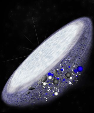 An artist's impression of the protoplanetary disk surrounding the young star MWC 480, where the giant ALMA radio telescope has detected complex organic molecules – the building blocks of life – suggesting that the conditions necessary for life are universal.