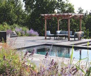 pool and pergola over seating in garden designed by Annika Zetterman