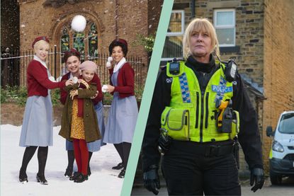 a collage showing the BBC Christmas TV schedule with shows Happy Valley and Call the Midwife
