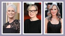 Jamie Lee Curtis, Meryl Streep and Andie MacDowell are pictured with varying lengths of grey hair in a dark grey/purple template