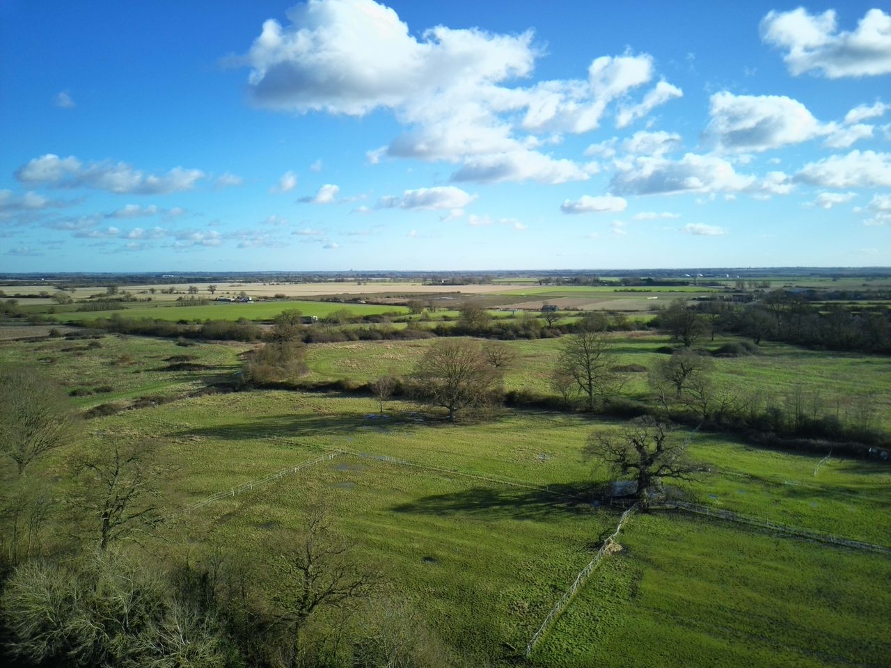 Aerial shot of green fields and trees with a blue sky