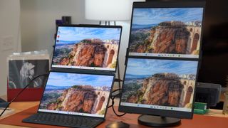 A Jsaux FlipGo dual monitor solution hooked up to a Yoga Book 9i