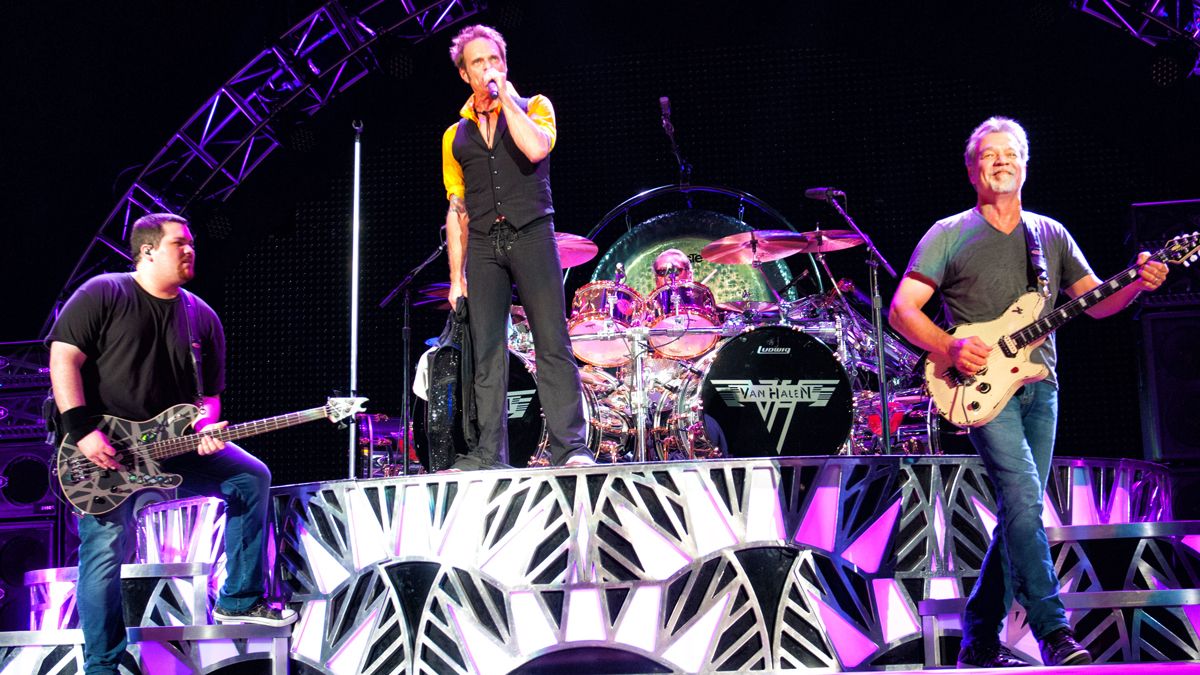 Bassist Wolfgang Van Halen, David Lee Roth, Drummer Alex Van Halen and Guitarist Eddie Van Halen of Van Halen perform at Perfect Vodka Amphitheatre in West Palm Beach, FL