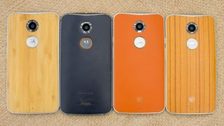 A group shot of four different finishes on the Moto X 2014