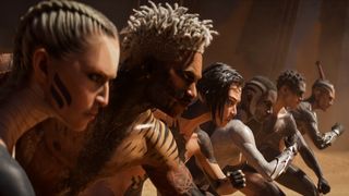 Animated characters all line up as if ready to race