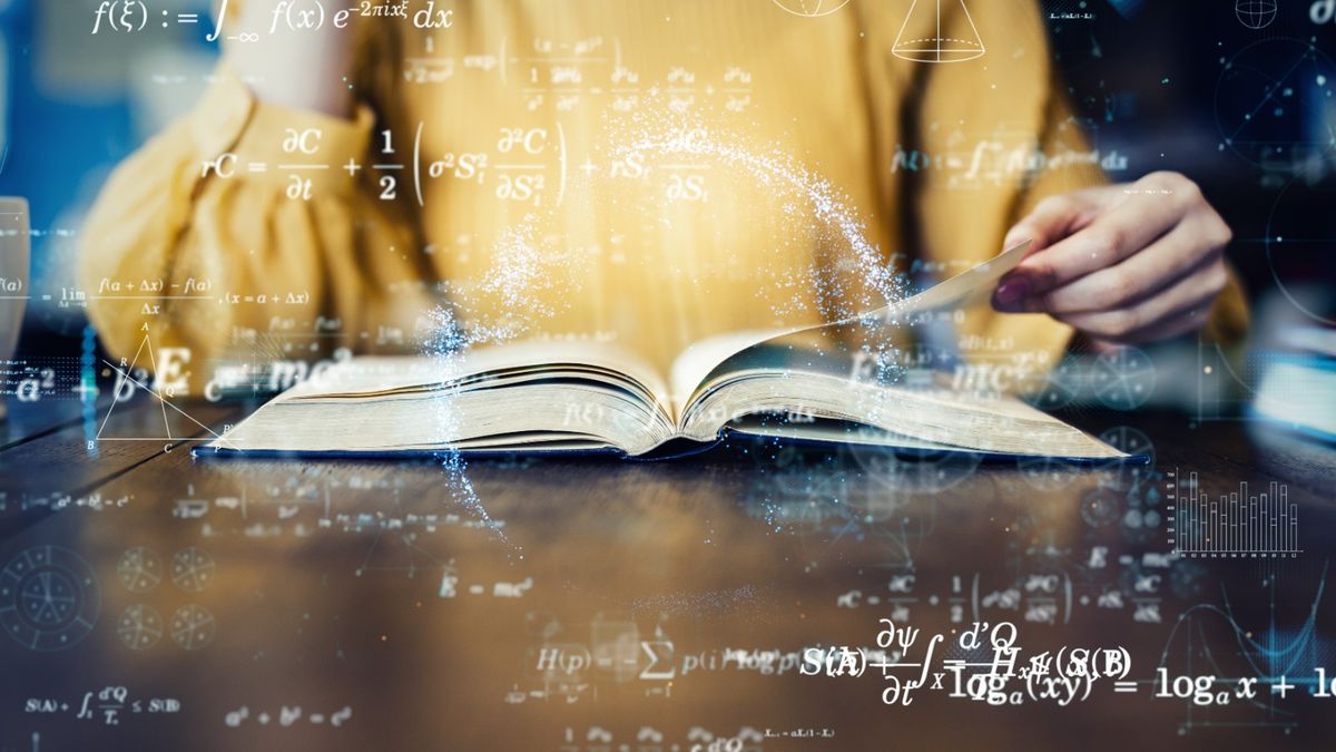 Best physics books- Person reading book surrounded by equations. metamorworks via Shutterstock