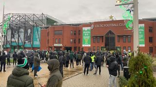 Fans turn up outside Celtic Park to protest (Ronnie Esplin/PA)