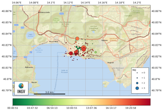 A map showing the location of earthquakes recorded between May 20 and 21 in a seismic swarm in Campi Flegrei, southern Italy.