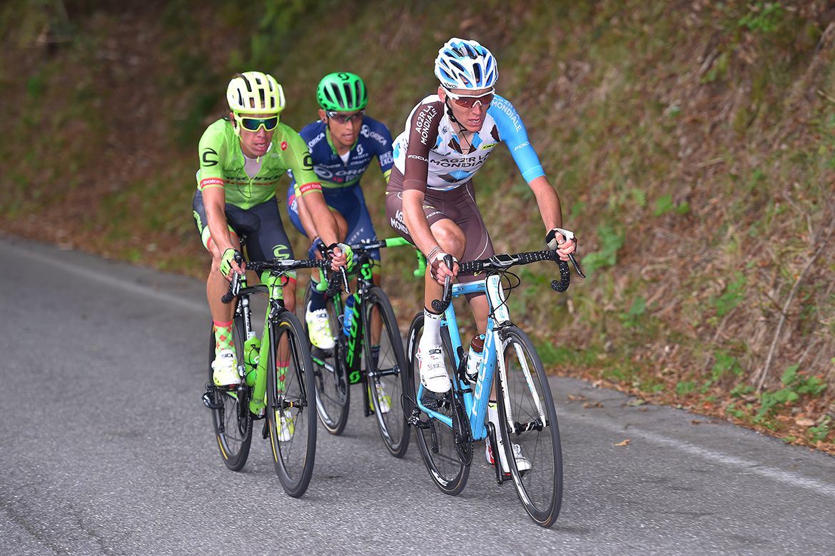 Romain Bardet (AG2R La Mondiale) leads the breakway on the Stelvino with Rigoberto Uran and Esteban Chaves