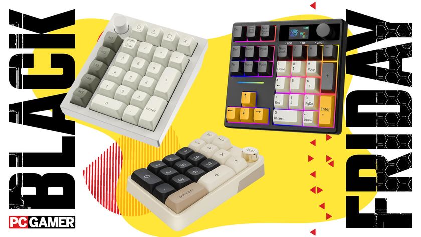 A collage of mechanical number pads from BOYI, Keychron, and Kzzi against a colorful background, with a set of Black Friday and PC Gamer logos on the sides