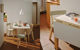 folding table in sunlit tiled kitchen 