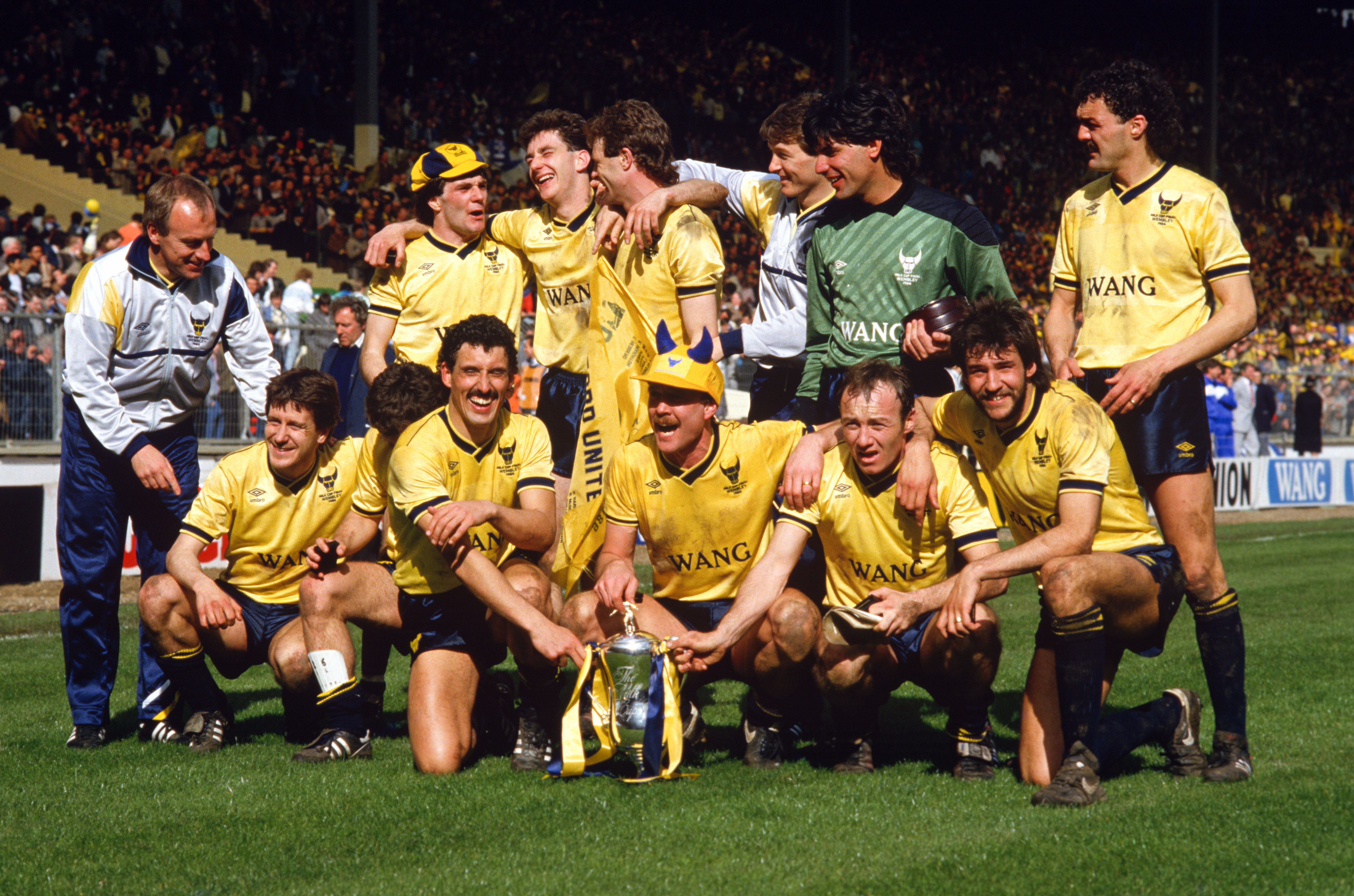 Oxford United celebrate with the League Cup after victory over QPR in the final in April 1986.