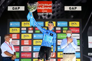 GAP FRANCE JUNE 10 Pierre Rolland of France and Team BB Hotels PB KTM celebrates winning the Polka Dot Mountain Jersey on the podium ceremony after the 74th Criterium du Dauphine 2022 Stage 6 a 1964km stage from Rives to Gap 742m WorldTour Dauphin on June 10 2022 in Gap France Photo by Dario BelingheriGetty Images