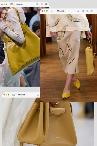 a collage of runway images depicting the bag color trend spring 2025 mustard yellow in Prada, Jacquemus, and Loewe's collections