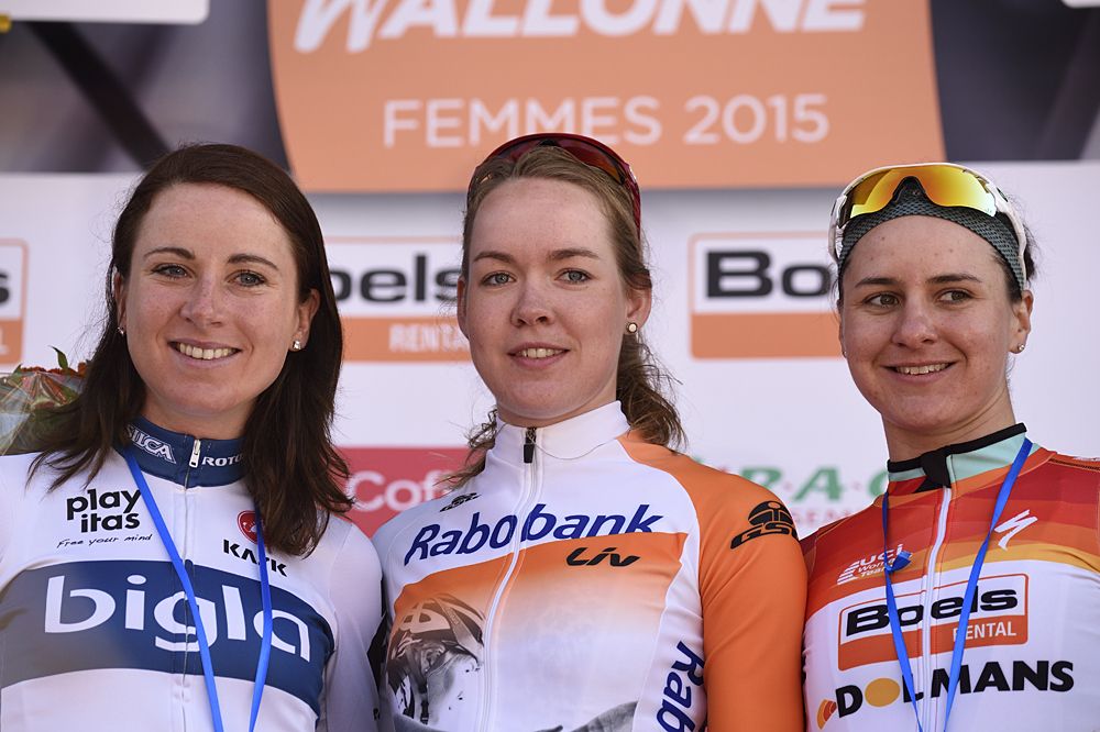 The 2015 Fl&egrave;che Wallonne podium: Annemiek van Vleuten, Anna van der Breggen and Megan Guarnier