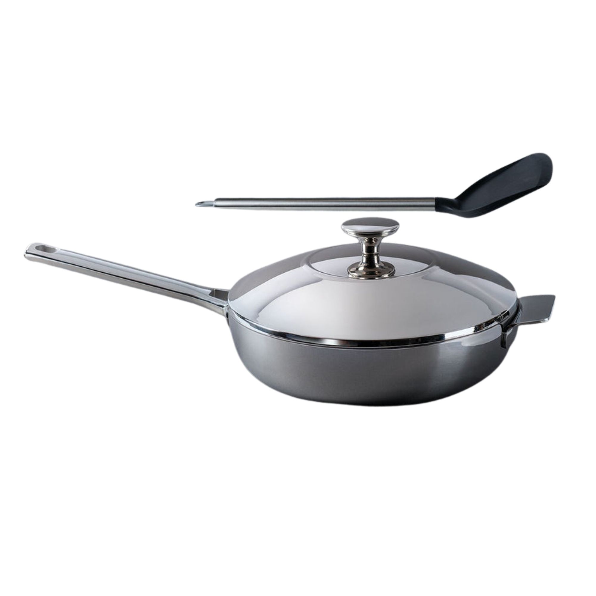Lakeland 10-in-1 Tri-Ply Only Pan Pro on a white background with the spatula accessory