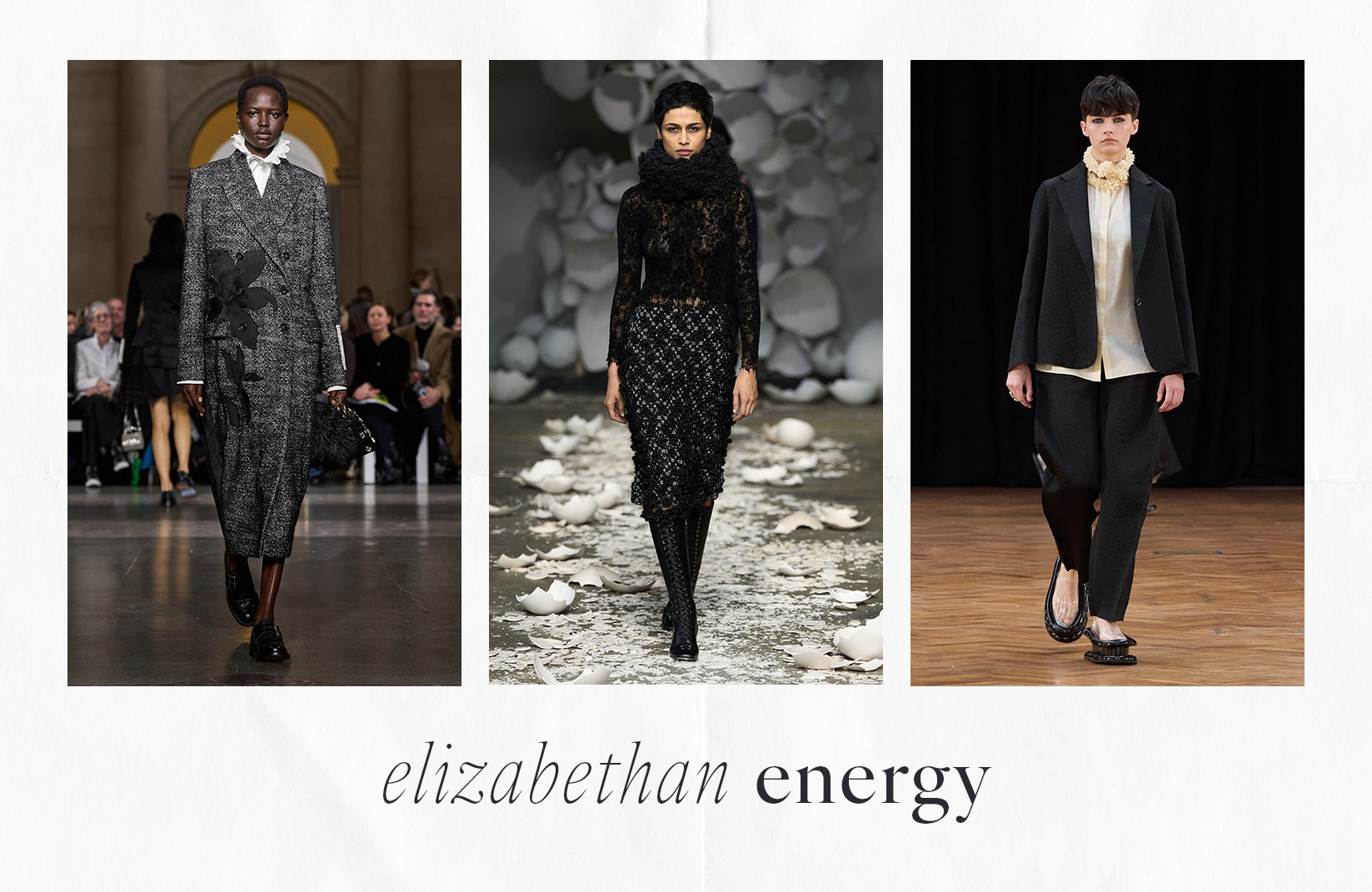 Photo collage of different runway trends from London Fashion Week Fall Winter 2026.