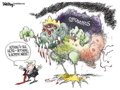 Political Cartoon U.S. coronavirus pandemic Trump nothing to see false ease