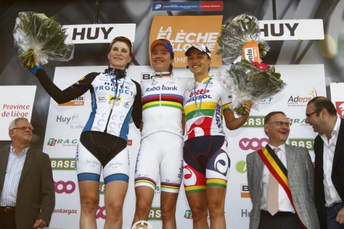 The women's Fleche Wallone podium: Elisa Longo Borghini (Hitec Products), Olympic Champion, World Champion and World Cup series leader, Marianne Vos (Rabo Women) and Ashleigh Moolman (Lotto Belisol Ladies)