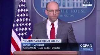 Office of Management and Budget Acting Director Russell Vought briefs reporters at the White House March 11, 2019.