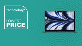 The MacBook Air 13-inch (M2) on a blue background with text saying Lowest Price.