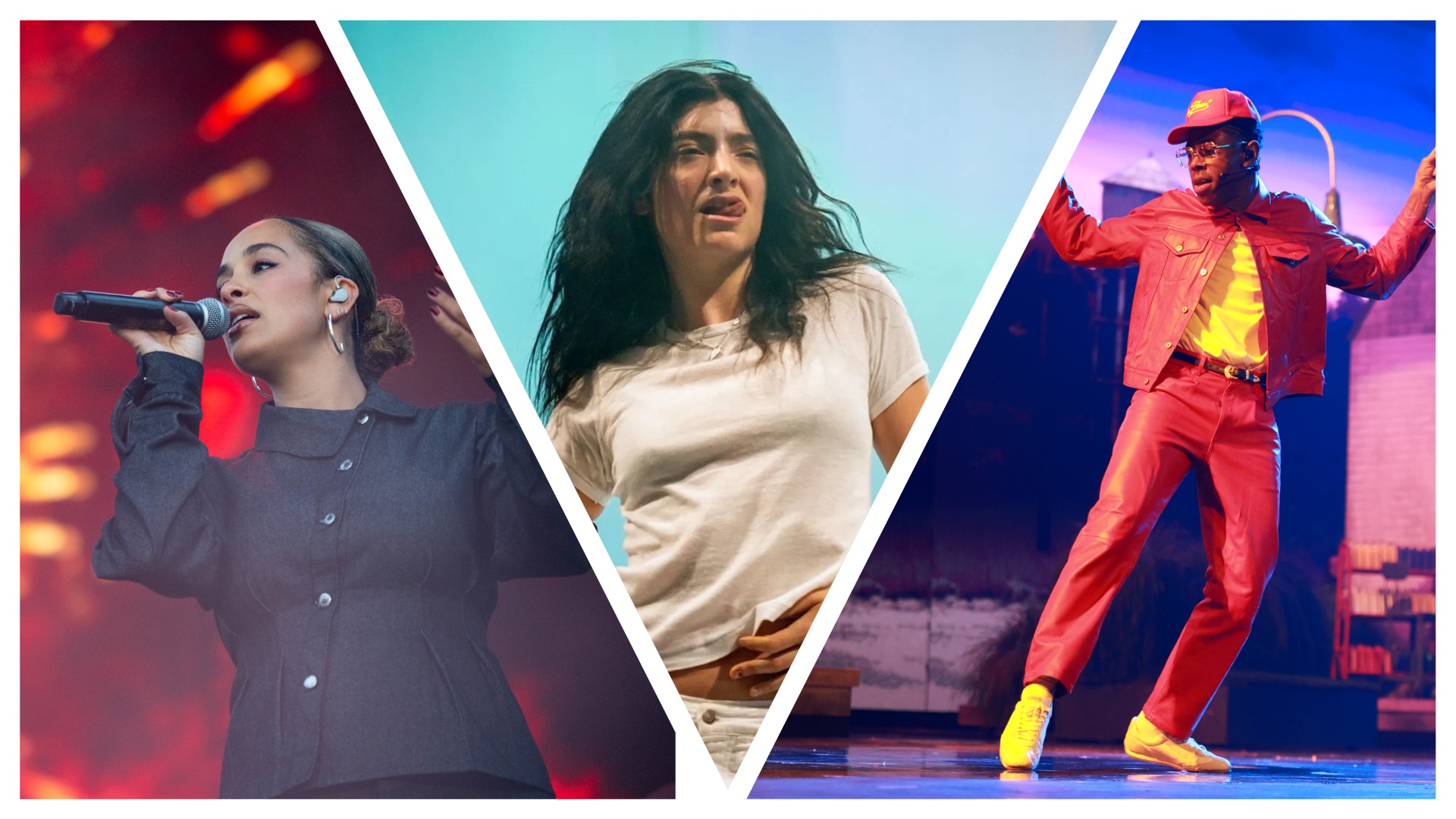 Jorja Smith, Lorde and Tyler, The Creator sliced together in one image 