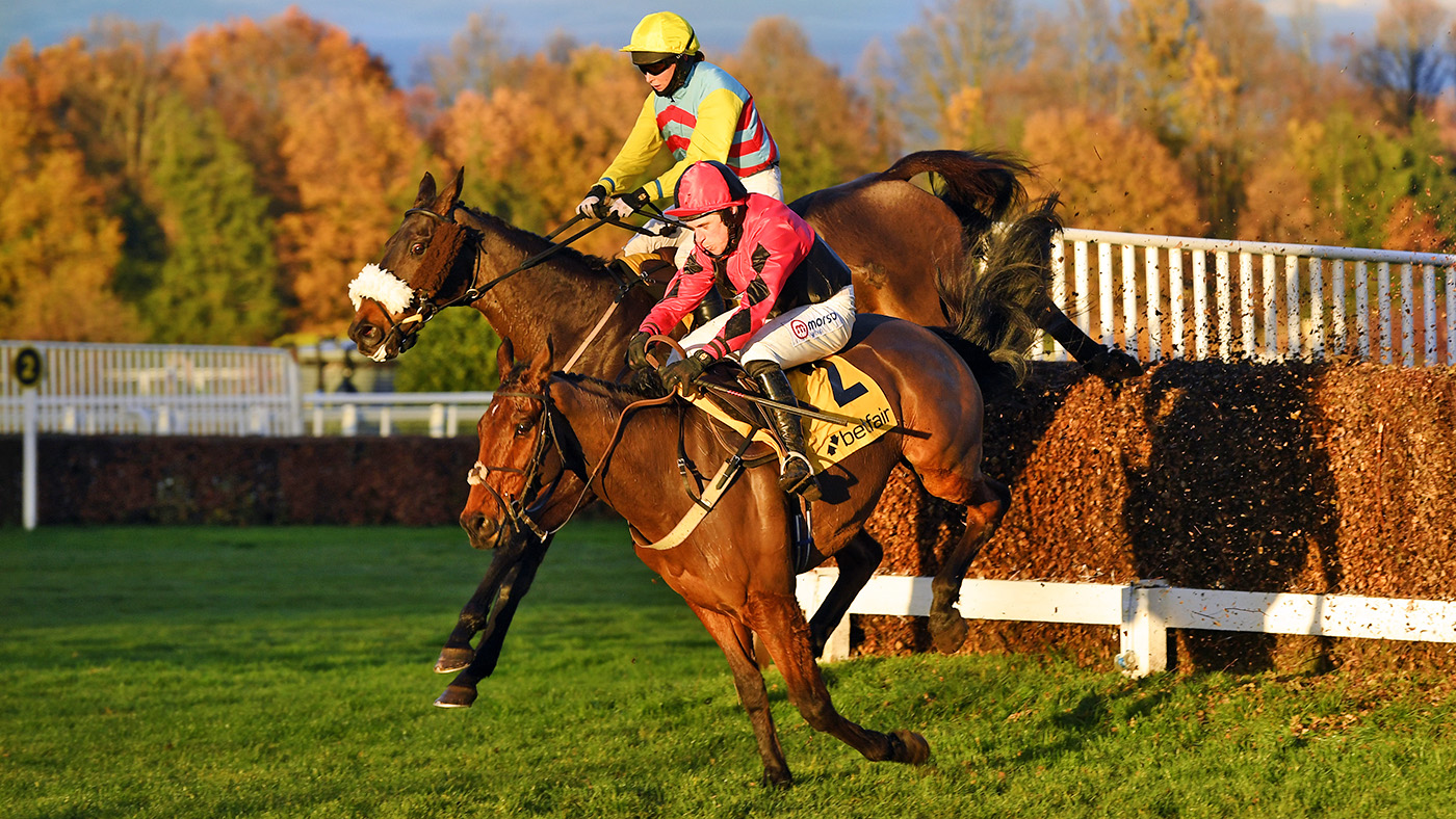 Doing Fine (far side) 1st and a cool Millie Wonnacott join Crosspark and Harry Skelton 2nd at the 2nd last as the sun sets over Sandown 7-12-20