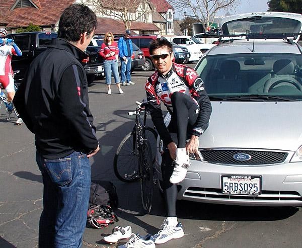 Bobby Julich gets booted up ahead of another ride - his first time training in Solvang since the '90s with the LA Sheriffs team