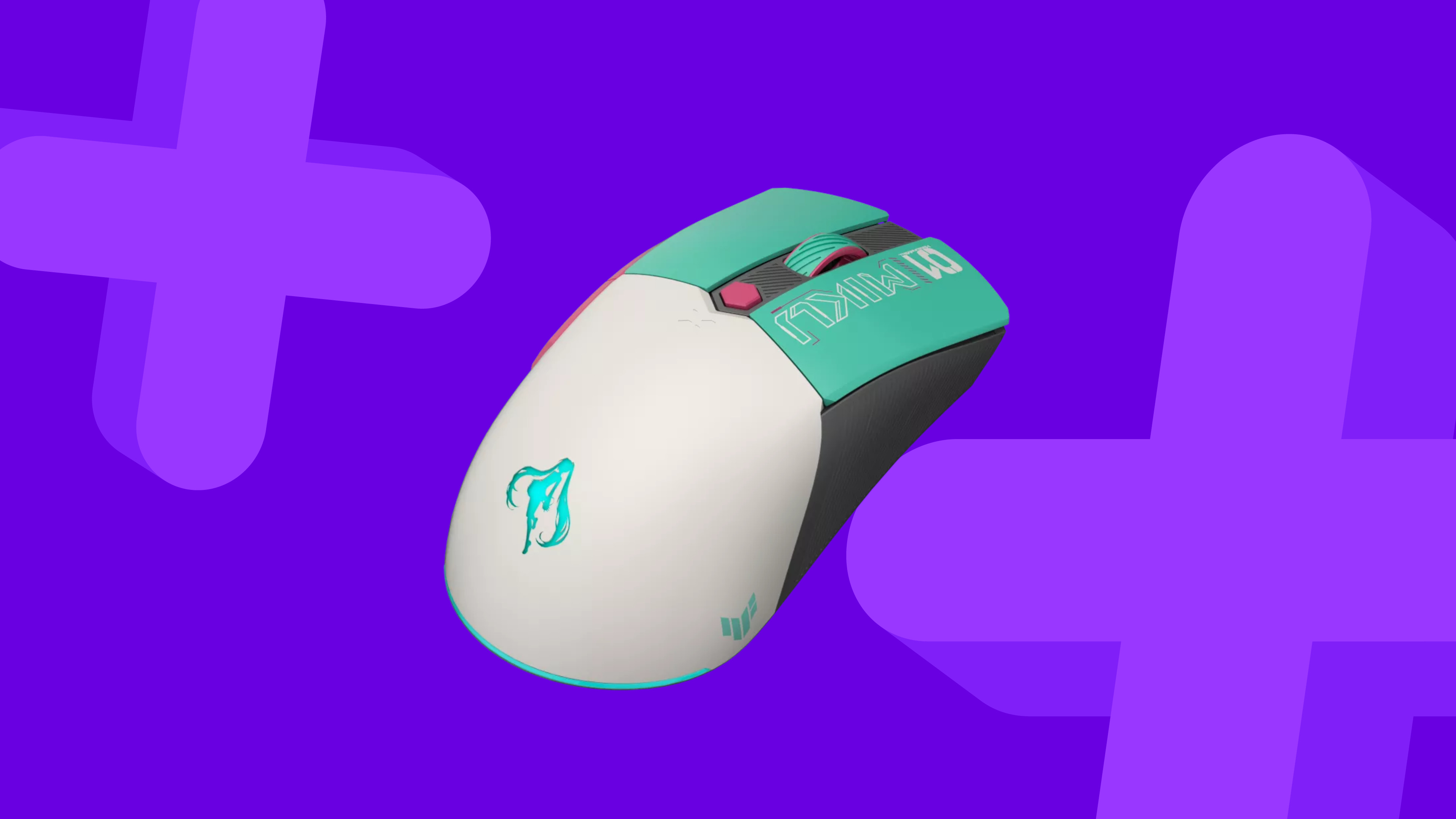 Asus Hatsune Miku gaming mouse on a purple background