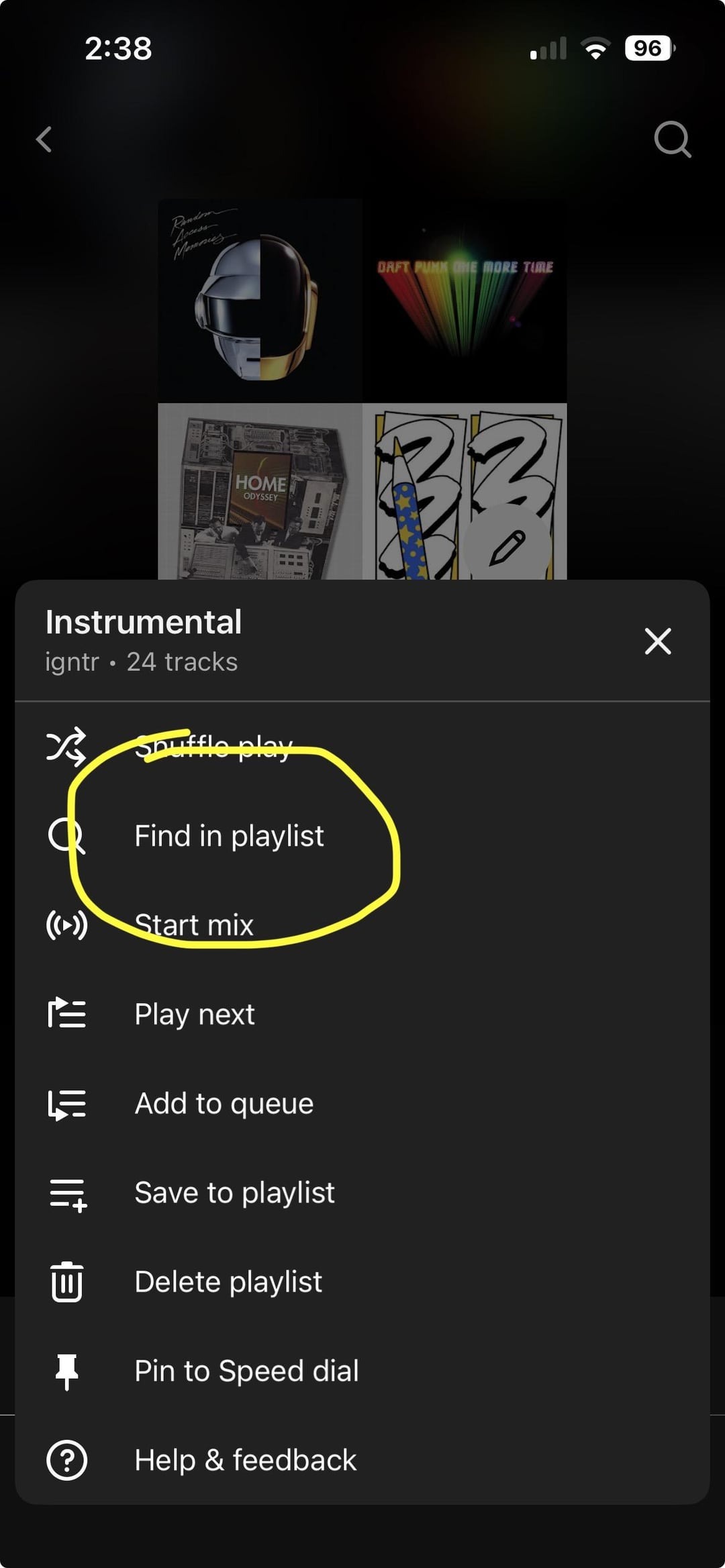Find in playlist option in YouTube Music