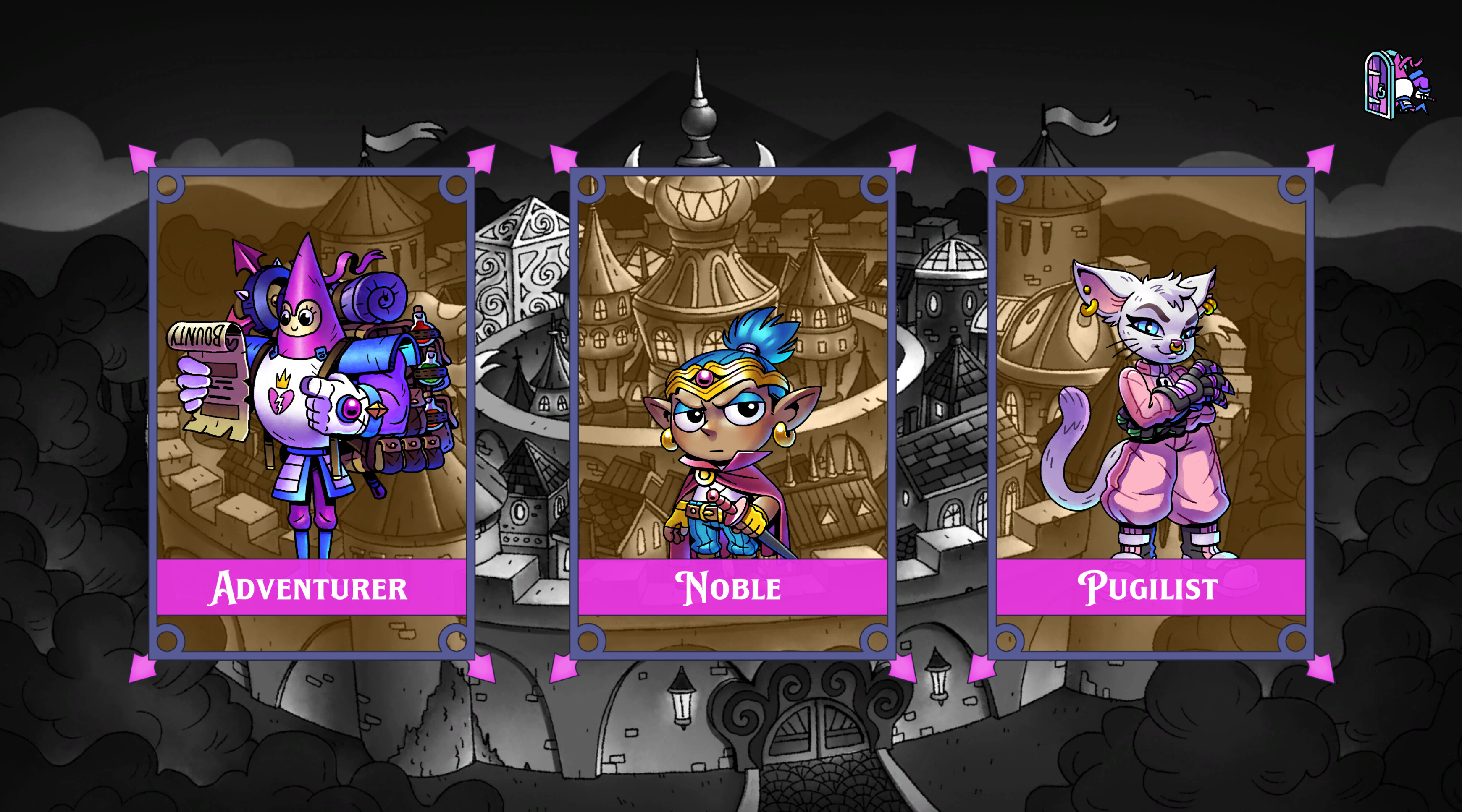 The character selection screen of KindFolx, featuring an Adventurer, a Noble, and a Pugilist.