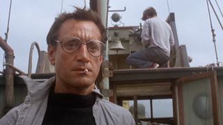 Brody (Roy Scheider) and Hooper (Richard Dreyfuss) at sea in Jaws.