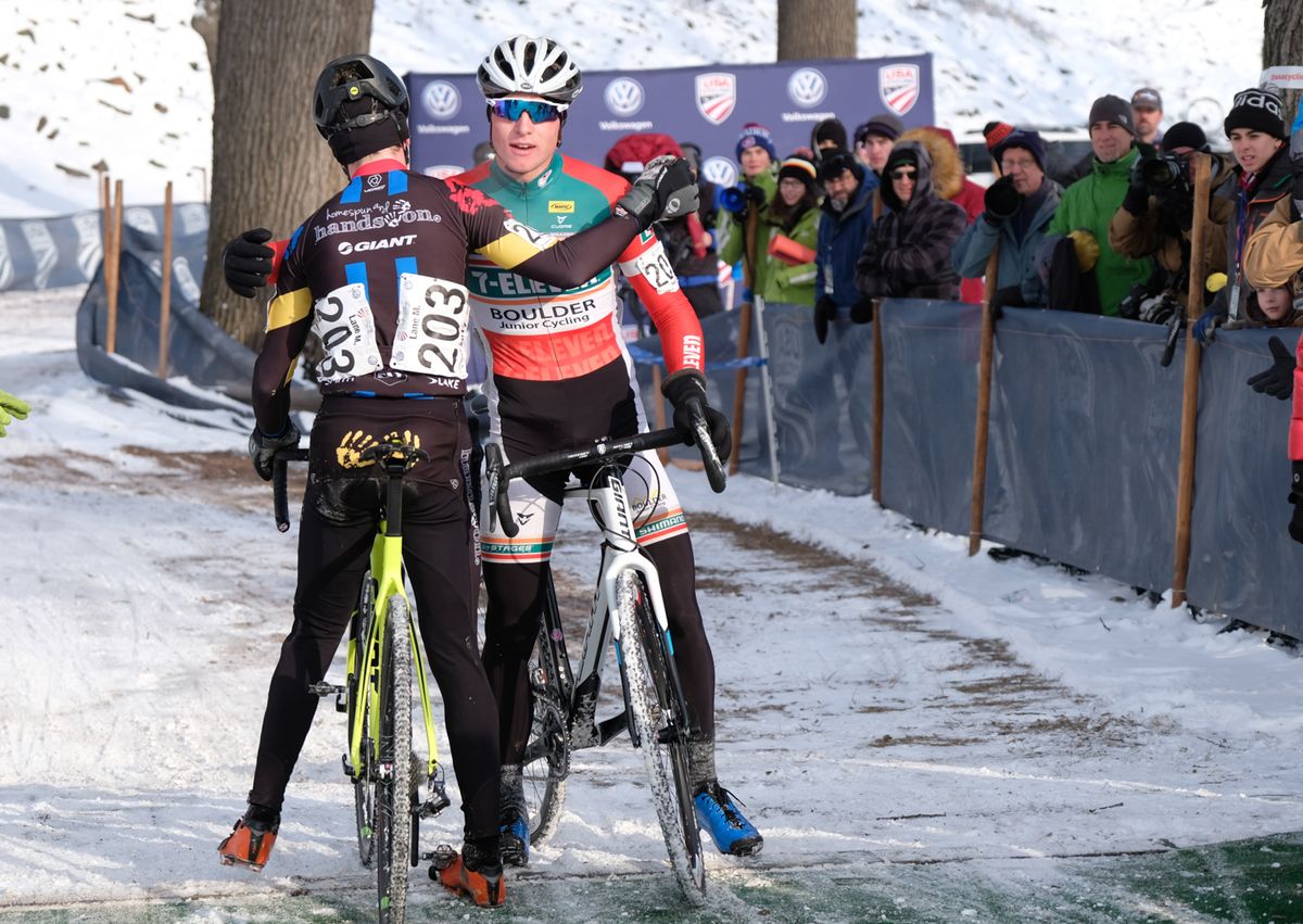 Lane Maher congratulates Denzel Stephenson (Boulder Junior Cycling) on his victory