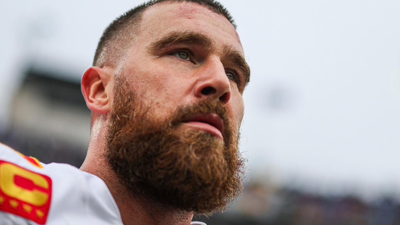 Travis Kelce #87 of the Kansas City Chiefs warms up prior to the AFC Championship NFL football game against the Baltimore Ravens at M&amp;T Bank Stadium on January 28, 2024 in Baltimore, Maryland. 