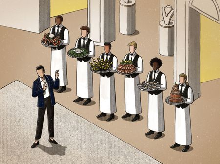 illustration titled Picky Nicky by Danae Diaz shows faceless waiters holding canapé trays 