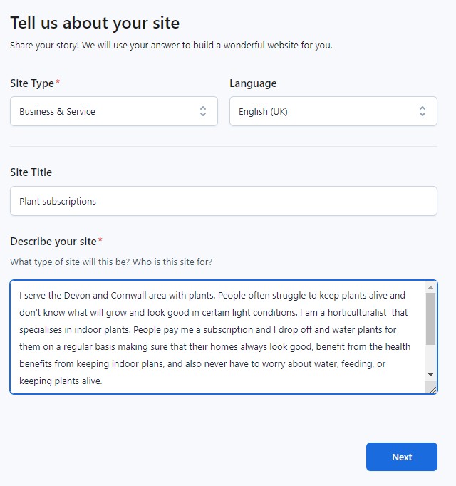 An image of the description of my site given to an AI website page builder