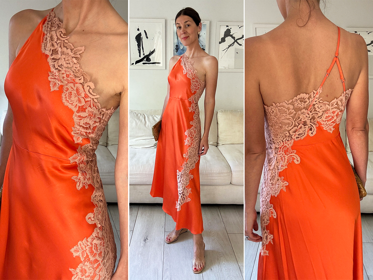 Woman in orange lace dress