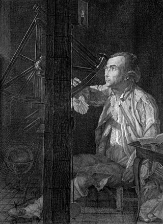 An illustration of Antoine Darquier in his private observatory in Toulouse, France. The illustration is based on a painting by Léonard Defrance and was engraved by Géraud Vidal.