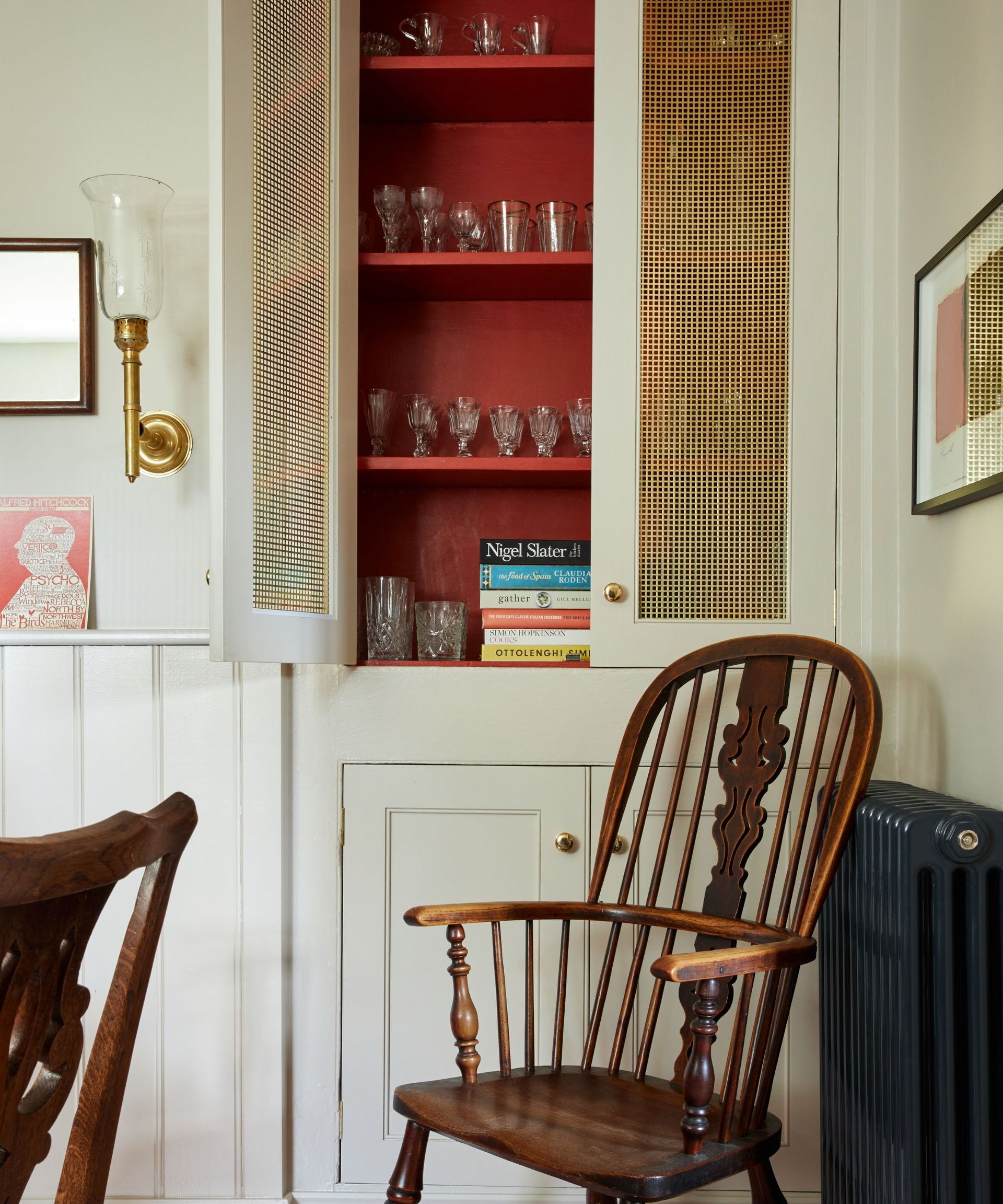 farrow and ball white cupboard with inside painted red