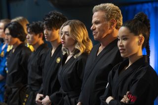 Brandon H. Lee as Kwon, Peyton List as Tory Nichols, Martin Kove as John Kreese, Alicia Hannah-Kim as Kim Da-Eun in Cobra Kai.